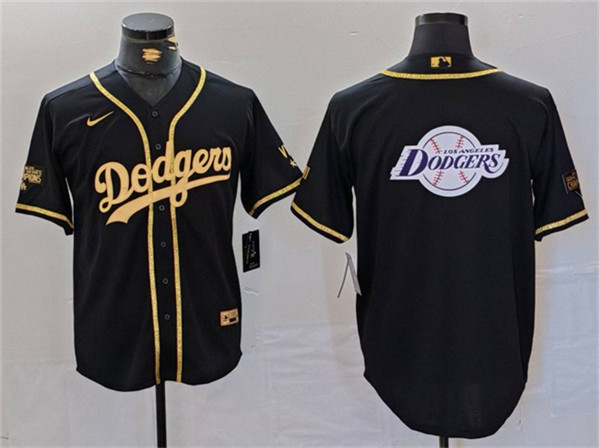 Los Angeles Dodgers Team Big Logo Black Gold World Series Champions Cool Base With Patch Stitched Jersey - Click Image to Close